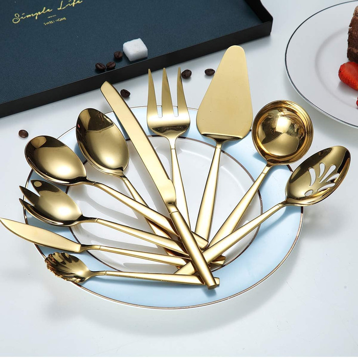 Berglander Gold Cutlery Serving Set, 10 Pieces, Stainless Steel Cutlery Serving Set with Gold Titanium Coating, Serving Spoon, Silver Serving Utensil, Rust Protection (10 Pieces)