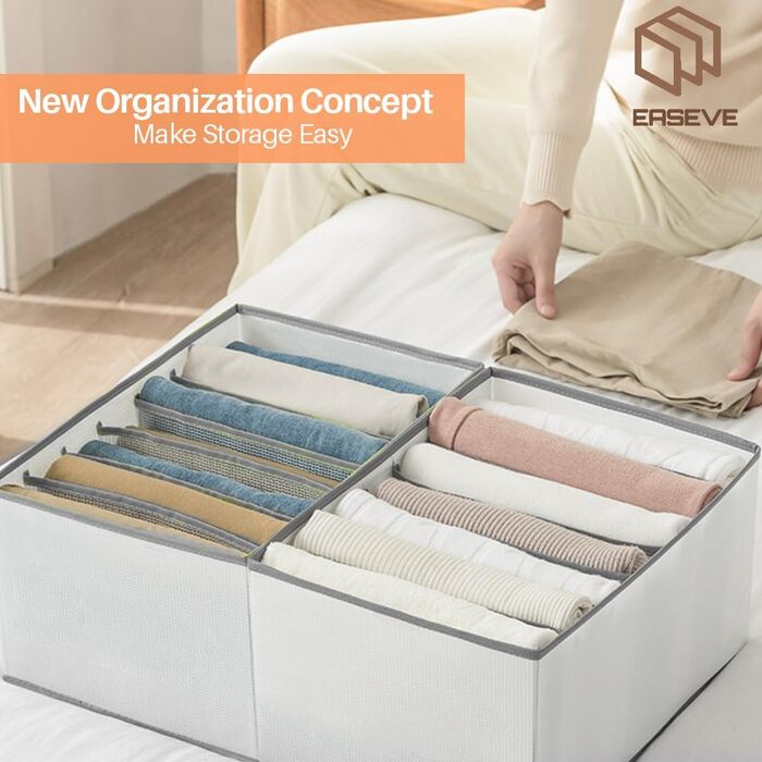 6-Piece Closet Organizer Clothes Storage - 7 Compartments Folding Drawer Organization System Clothes Storage Box for Pants, Jeans, Shirts, Sweaters, T-shirts (1 Pack)