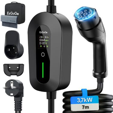 Кабель для зарядки електромобіля EzGoGo Typ 2 Schuko 3.68 кВт, 10 м, 1 фаза, 6-16A, LCD-дисплей, IP65, для всіх електро- та PHEV авто (IEC 62196-2)