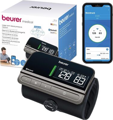 Тонометр Beurer BM 59 для вимірювання артеріального тиску на плечі, без шлангів та кабелів, LED-індикатор ризику, визначення аритмії, для обхвату плеча 22-42 см, медичний пристрій, з підключенням до додатку