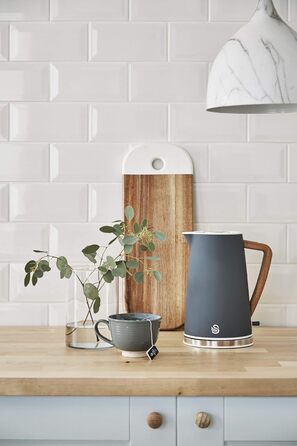 Swan Nordic Ultra Fast Electric Kettle - Wireless, Modern Design, 1.7L, 2200W, Wood-Look Handle, Auto Shutoff, White (Gray, Single)
