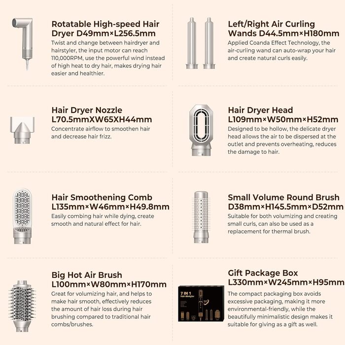 UKLISS 8-в-1 Pro Airstyler: Фен-щітка, локони, стайлер для волосся. Потужність 1400W, 110,000RPM, комплект для створення зачісок. Подарунок для жінок