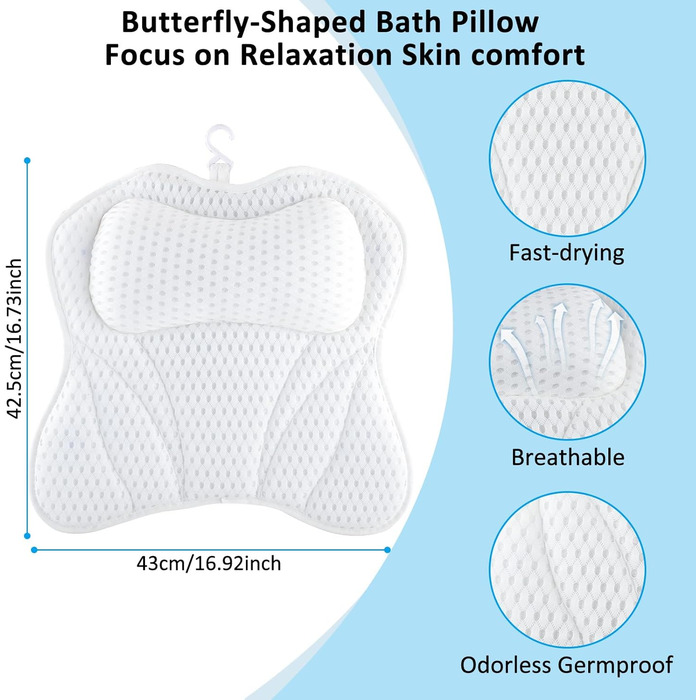 Подушка для ванни для шиї, плечей та спини з 6 присосками, 4D Mesh, аксесуар для ванни, підтримка голови, шиї, плечей та спини для домашнього спа та ванни