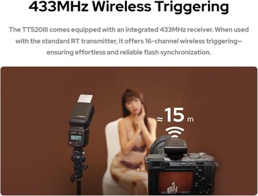 Спалах для камери Godox TT520III, швидка зарядка 1.8с, 400x потужність, сумісний з Canon, Nikon, Panasonic, Olympus, Pentax (без TTL)