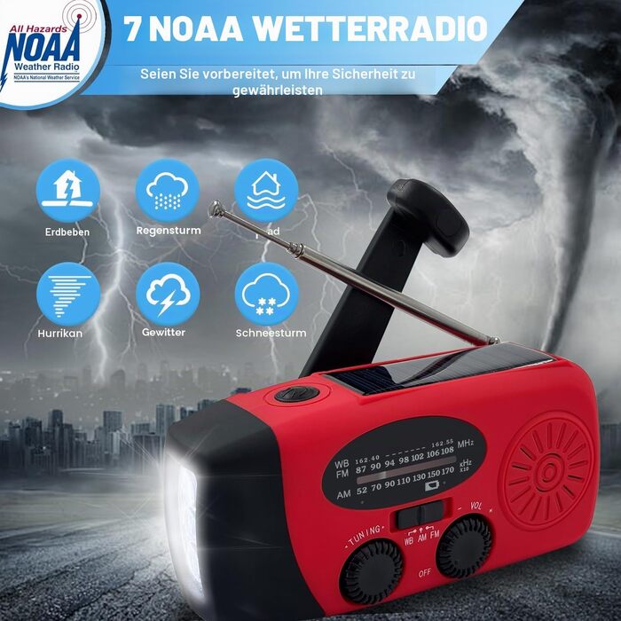 Сонячна радіостанція з ручним заводом 2000mAh, AM/FM/NOAA, USB-зарядка, заряд для телефону, SOS-сигнал, LED-ліхтарик для кемпінгу та походів (Червоний)