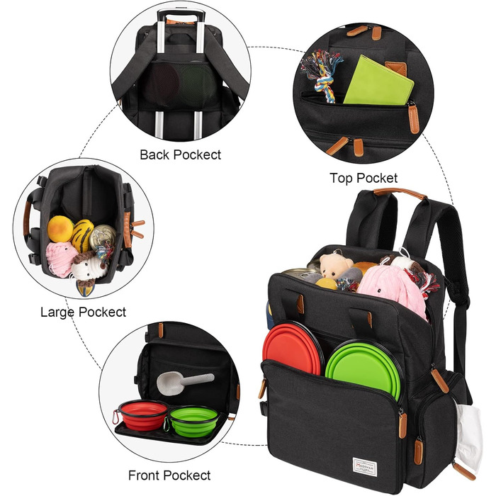 Modoker Airline Approved Pet Carrier Backpack with Organizer Pockets - Travel Tote Bag for Dogs & Cats - Includes Food Containers & Mat - Black