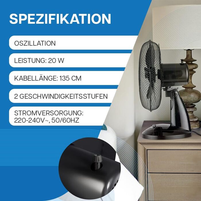 Настільний вентилятор тихий 20W, діаметр 28 см, з осциляцією, 2 швидкості, регульована висота, для спальні/офісу, підлоговий, альтернатива кондиціонеру