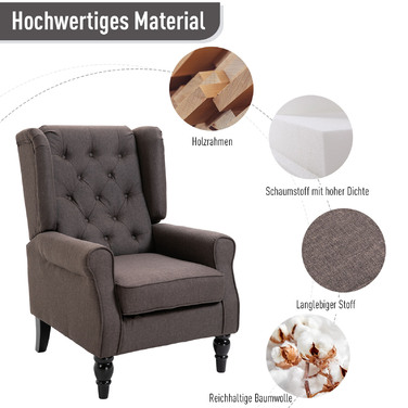 HOMCOM Single Armchair Recliner with Tufting, Wooden Feet, Brown, 76x86x108 cm, Comfortable Single Chair for Living Room & Reading Nook