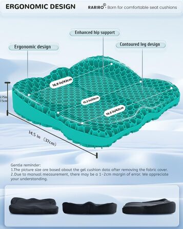Гелеве сидіння для офісного крісла: ергономічна подушка з подвійною структурою та стільниковою поверхнею (зелена, 43x37x7 см). Для тривалого сидіння, автомобіля, каяка, інвалідного візка. Подушка для куприка та ішіасу.