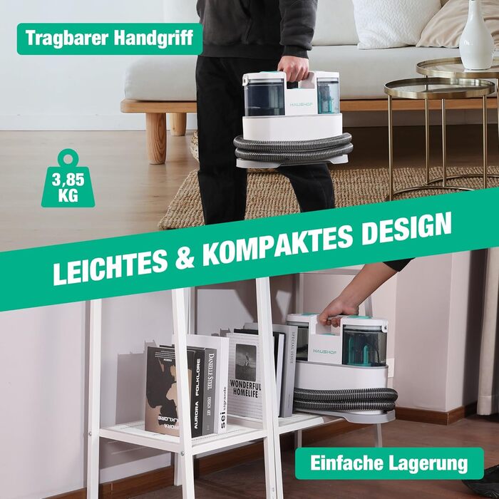 HAUSHOF StainZapper Pro: Пилгопоглинач для миття килимів та м'яких меблів, 450W, 12kPa, об'єм 1.5+0.8L, з миючим засобом та щіткою для швів. Ідеальний для килимів, диванів, м'яких меблів та авто. Модель HH23111