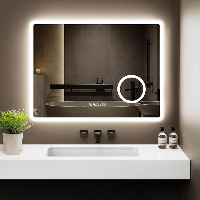 LED дзеркало для ванної кімнати 80x60 см з підсвічуванням, 3 кольори, регулювання яскравості, антизапарник, годинник, 3x збільшення