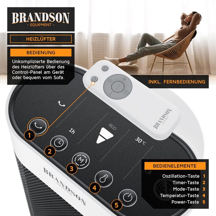 Електричний керамічний обігрівач Brandson з пультом дистанційного керування – тихий, енергозберігаючий, з термостатом та захистом від перегріву. Підходить для ванної, спальні, вітальні.