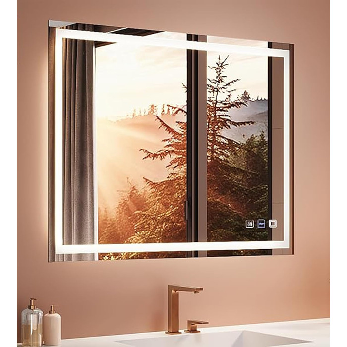 Дзеркало для ванної кімнати з підсвічуванням 60x50x3,5 см, LED, 6400K, біле світло, економія енергії, вертикальне/горизонтальне кріплення, антизапар, 3 колірні температури