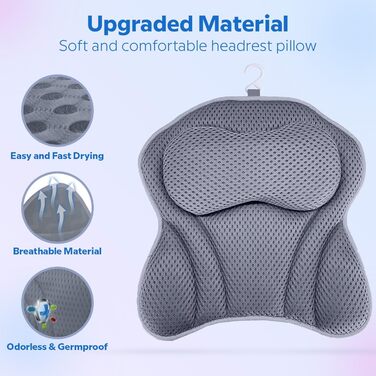 ADOV Bathtub Pillow – Ergonomic Luxury Neck Pillow with 6 Suction Cups, Soft Bath Pillow with 3D Air Mesh for Head, Back and Shoulders, Washable Pillow for Bathtub, Ideal for Bathtub, Spa (Gray)