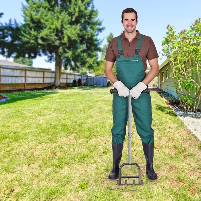 Dolibest Manual Lawn Aerator, Lawn Aerifier with Hollow Tines, Aerator, Gardena Hand Verticutter, Long Handle Soil Aeration Tool, 4 Cores with Cleaning Tool for Compact Lawn Care