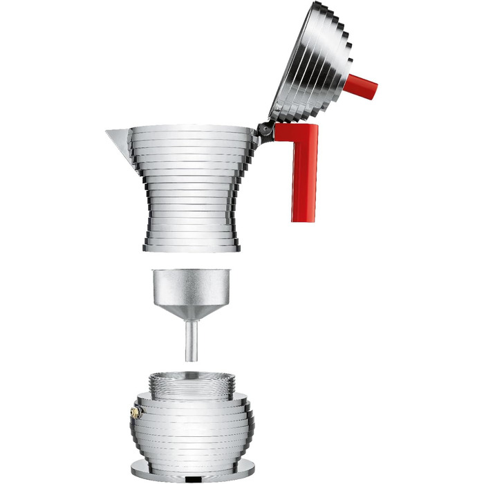 Alessi MDL02/3RFM Pulcina Espresso Machine - Cast Aluminum. Handle and Button - PA, red. Magnetic Bottom - 3 Cups