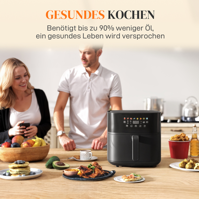 Фритюрниця HOMCOM з гарячим повітрям на 8 літрів (Airfryer) з 8 попередніми налаштуваннями, таймером на 60 хвилин, технологією 360° циркуляції гарячого повітря, потужністю 1700 Вт, без використання олії, з захистом від перегріву, LED-сенсорною панеллю упр