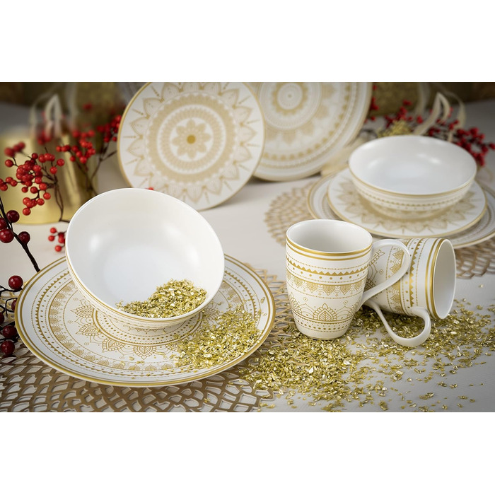 CreaTable MANDALA GOLD: Набір посуду з 16 частин, кераміка, чорний/золотий, для дому та ресторану