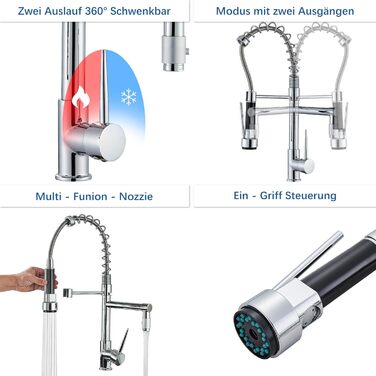 Кухонний змішувач з гнучким виливом, 360° поворот, 2 виходи, високий вилив, душова лійка, для мийки, брашований нікель