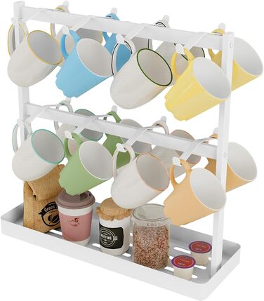 YUMORE Mug Rack with 16 Hooks, Mug Stand, Metal Coffee Cup Holder with Storage Bottom, Coffee Cup Holder, Cup Rack for Kitchen, Dining Room, Cafe Counter, 42 * 15 * 41.5cm (White)