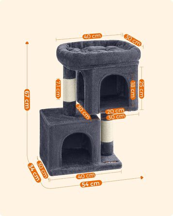 Feandrea Cat Tree Small, 67 cm Cat Tree, Cat House for Kittens up to 3 kg, Large Platform, Sisal Posts, PCT611W01 (Smoke Grey)