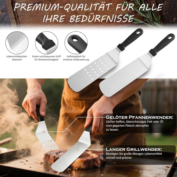 Набір шпателів для грилю з нержавіючої сталі (35 шт.) - набір для тепаньякі, сет для смаш-бургерів, з пресом для бургерів та аксесуарами для планчі, для грилю, пікніка, кемпінгу