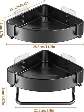 Поличка для душу з 2 рівнями, кутова, без свердління, з нержавіючої сталі, з тримачем для рушників та 2 гачками, чорна, для ванної, кухні, туалету