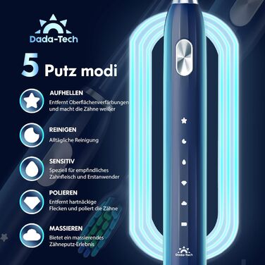 Електрична зубна щітка звукова для дорослих та дітей з 5 режимами чищення, таймером та 9 насадками Ultraschall (Синя)