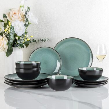 Набір посуду GBhome Steingut для 6 осіб (18 предметів), ручна робота, реактивна глазур, мікрохвильова та посудомийна машини, набір тарілок та мисок (12 предметів, Petrol)