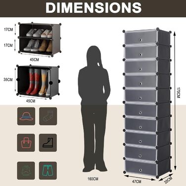 WOLTU Shoe Box, Shoe Storage, Set of 10, Stackable Design, for 20 Pairs, with Door, Hooks, 40x30x170 cm, White (47 x 35 x 170 cm, Black)