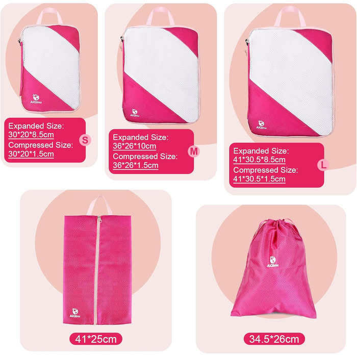 Набір органайзерів для валізи AiQInu, 5 шт. з компресією, для подорожей, рожевий
