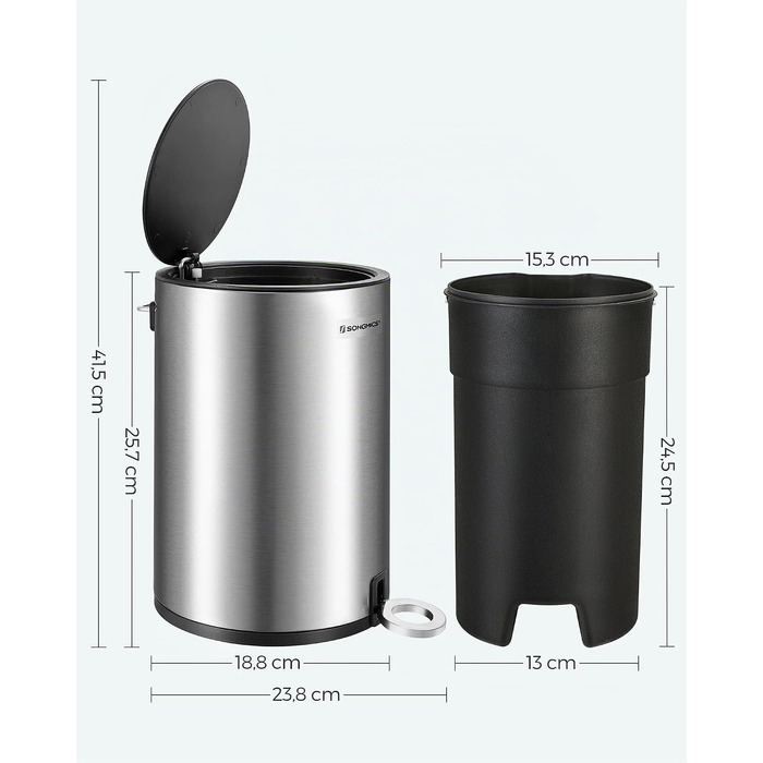 Смітник для ванної кімнати SONGMICS PARRI LTB11WT, сталевий з системою Soft-Close та виймаючою ємністю, 3 л, білий