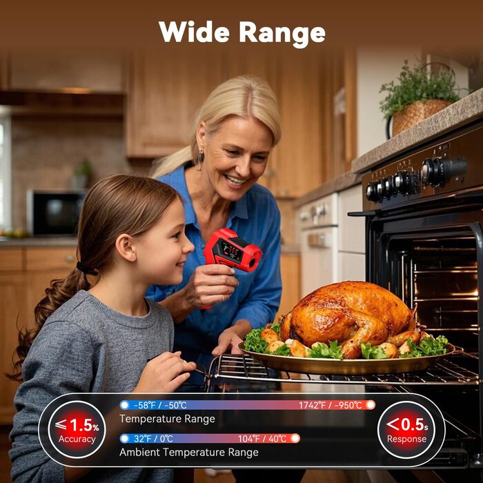 Інфрачервоний термометр Wintact з лазером, -50°C до 600°C, для кухні, приготування їжі, піци та грилю (WT313D)
