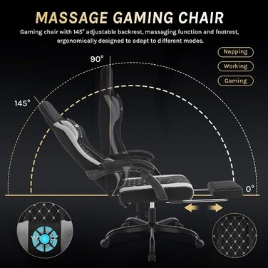 WOLTU Gaming Chair with Massage Function, Computer Chair with Pocket Spring Cushion, Ergonomic Gamer Recliner, Swivel Chair with Headrest, Lumbar Pillow, Footrest, Mesh Fabric, Black+Grey, GS15szg Black+grey Mesh Fabric