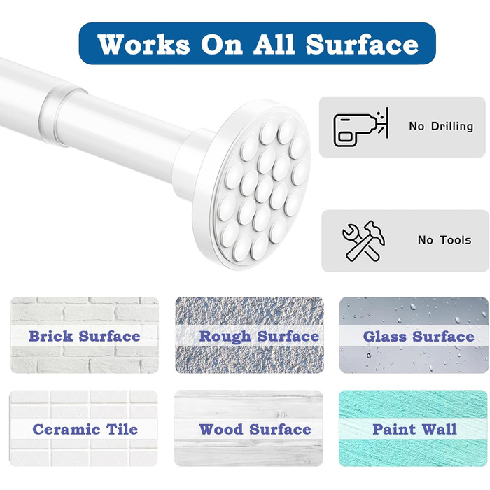 Штанга для штор у ванну/спальню, телескопічна, без свердління, 85-195 см, діаметр 32 мм, біла