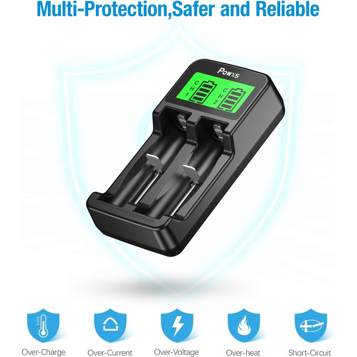 Зарядний пристрій POWXS для акумуляторів 18650 з LCD-дисплеєм та тестуванням, сумісний з Li-Ion, IMR, NI-MH, NI-Cd AA AAA C 26650 21700 10440 RCR123 (2 слоти)