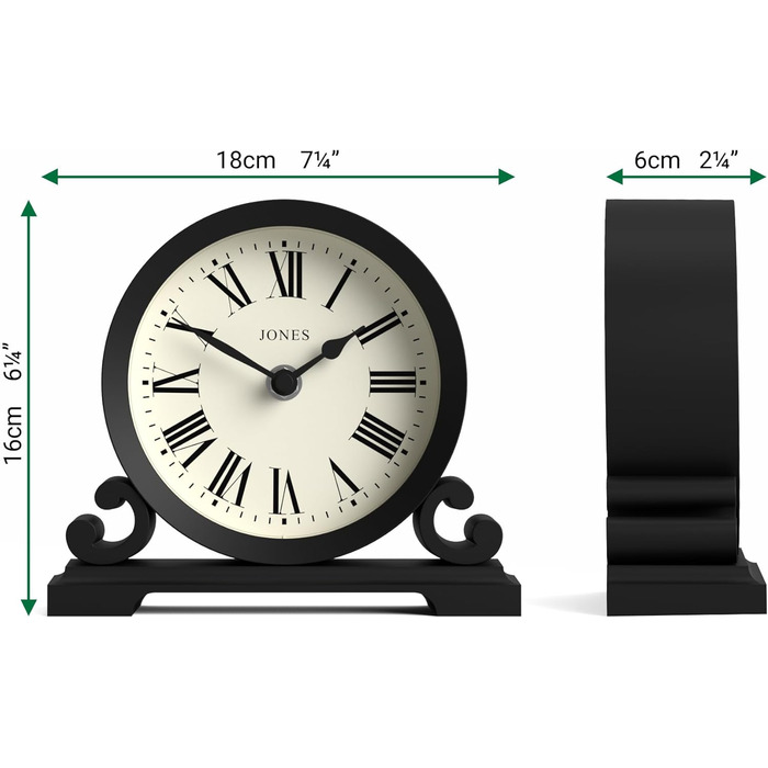 JONES CLOCKS® Saloon Table Clock | Traditional Double-Scroll Design | Black | Roman Numerals | Classic Style for Desk, Table, Shelf, or Nightstand.