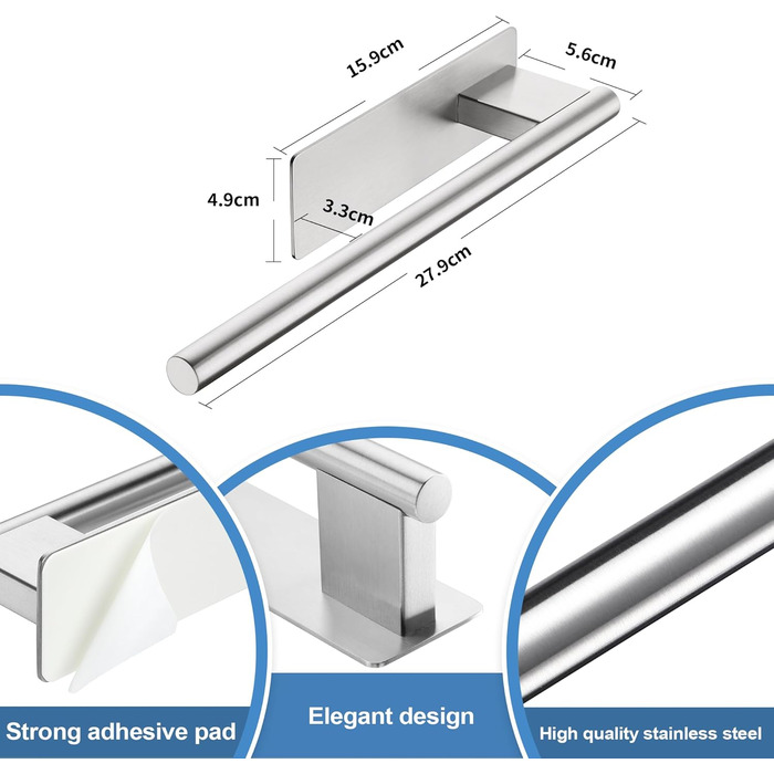 Тримач для рушників без свердління, подвійний, 304 нержавіюча сталь, рушник-перекладина з двома підлокотниками, самоклеючий, для гостьових рушників, монтаж на стіну для ванної кімнати та кухні (срібний)