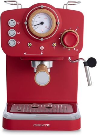 CREATE / THERA MATT RETRO /Espresso Machine Cream White Matt and Wood /Semi-Automatic, with a 15 bar pressure pump and 1100W, 1.25L water tank, for ground coffee, 55 mm. ESE pods (Rot Matt - Wood)