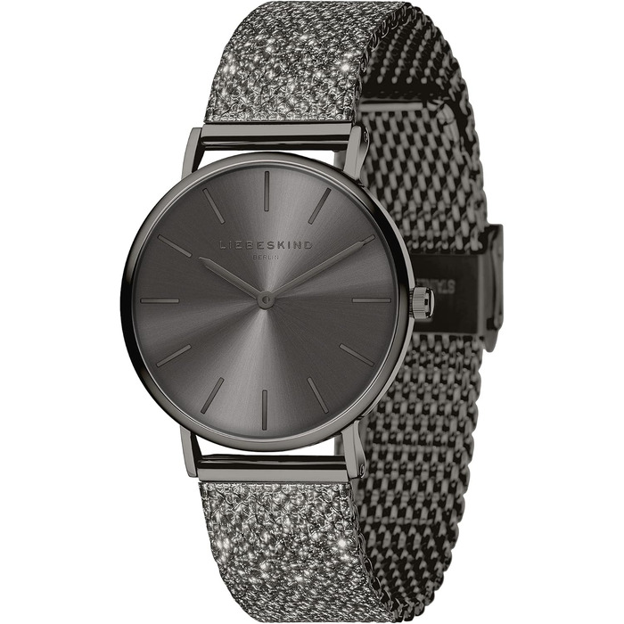 Жіночий годинник LIEBESKIND BERLIN – Круглий кварцовий годинник 34 мм – Браслет з блискітками Mesh – Водостійкий 5ATM – Сучасний та елегантний – Різні кольори (Gun)