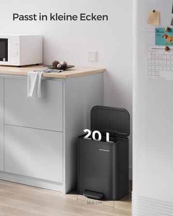 Відро для сміття SONGMICS 20 л з кришкою, з педаллю, нержавіюча сталь, Soft-Close, з внутрішнім відром, антиковзне педаль, хмарно-білий LTB542W02 (Чорний)