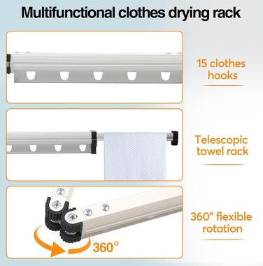 Висувна сушарка для одягу, 3-секційна, настінна штанга для одягу 126 см, економна, складана сушарка з гачками, для балкону, прання, ванної кімнати, білий, молочно-білий