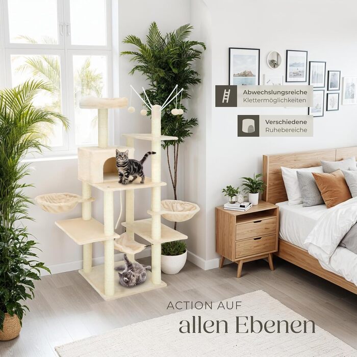 Тектейк® Крізьоверх XXL для котів, великий, з аксесуарами: лежанки, гамак, будиночок, іграшки, мотузка з сизалю, ствол для дряпання, котячий комплекс, котячий дряпкач, висота приблизно 165 см - сірий (Бежевий | № 402932)