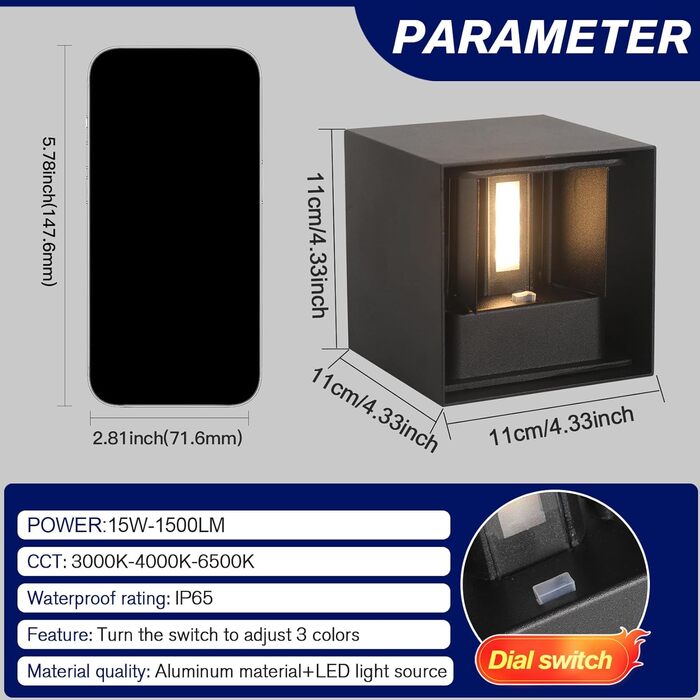 LED вуличне/внутрішнє настінне освітлення FUPE 15W, регульоване, 3 кольори, IP65, алюміній, чорний