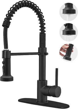 Кухонний змішувач BESy з 3 режимами струменя, висувна лійка, водоспад, поворотний на 360°, для високого тиску, з нержавіючої сталі SUS304, матовий чорний