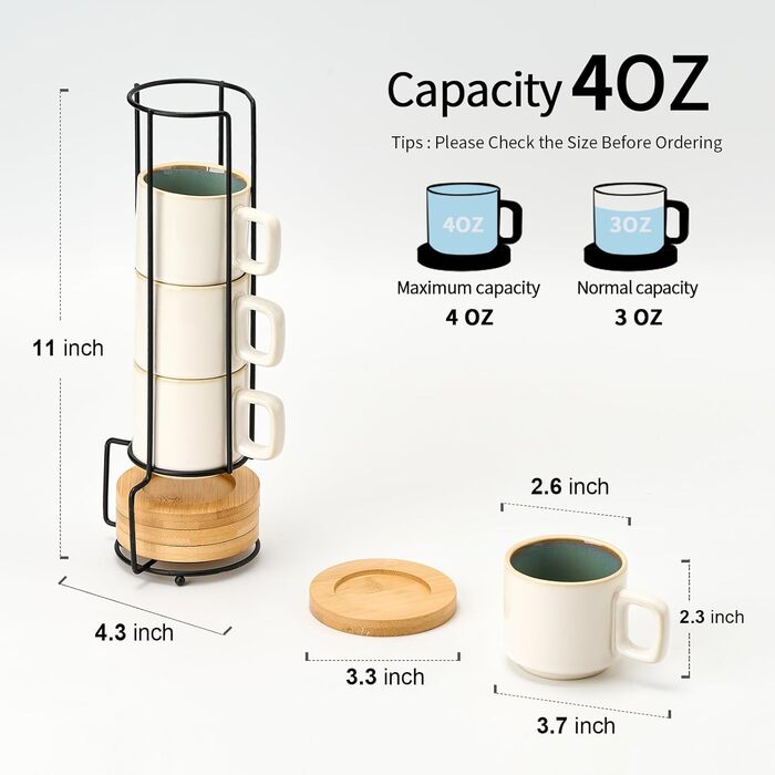 Набір чашок еспресо LUKA з блюдцем та металевою підставкою (4 шт.) - 100 мл, кераміка, мармуровий білий (біло-зелений)