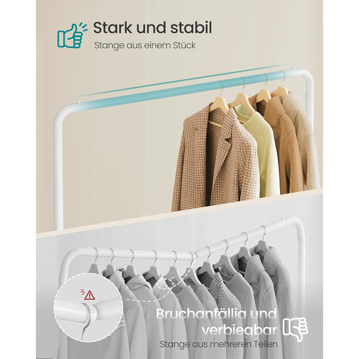 SONGMICS Кільцева вешалка для одягу на колесах, біла, до 50 кг, 38 x 110 x 141,5 см, HSR016BH01