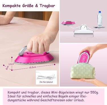 Міні-праска Newbealer для подорожей, 220V/120V, для одягу (без пари), керамічна підошва, 150°C, з пульверизатором, сумкою та підставкою, колір рожевий
