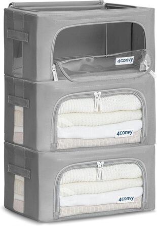 Органайзер для одягу 4CONVY: коробка для зберігання з блискавкою та металевим каркасом (3x24L, темно-сірий) - покращений матеріал 2024