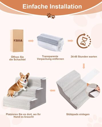 KSIIA Dog Stairs for Small Dogs 44cm High, Pet Stairs with Removable Washable Cover, Cat Stairs for Elderly Cats and Dogs, Non-Slip Dog Ramp Dog Stairs for Bed Sofa, Grey (3 steps (L45 x W38 x H33 cm))